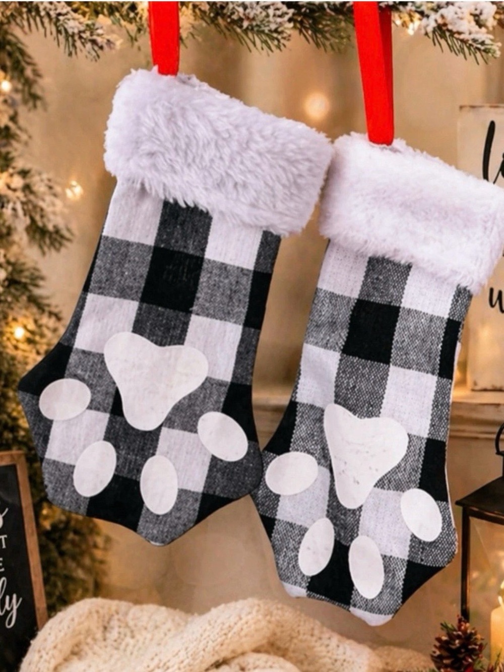 2pc 8” buffalo plaid Black white PAW faux fur Pet  Christmas stocking